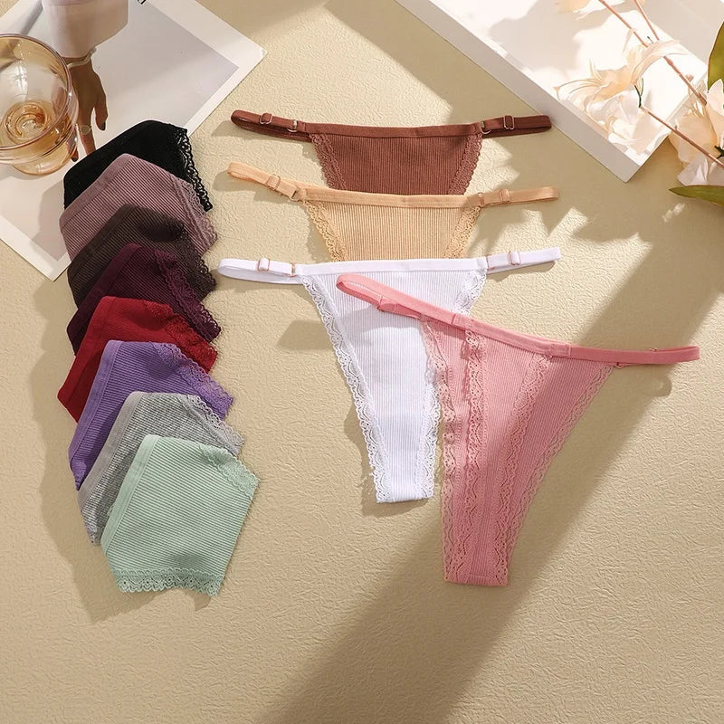 7Pcs Cotton Lace Panties Sexy G-String Women's Underwear Low Waist Comfortable Lingerie Briefs Adjustable Waist Thong Intimates