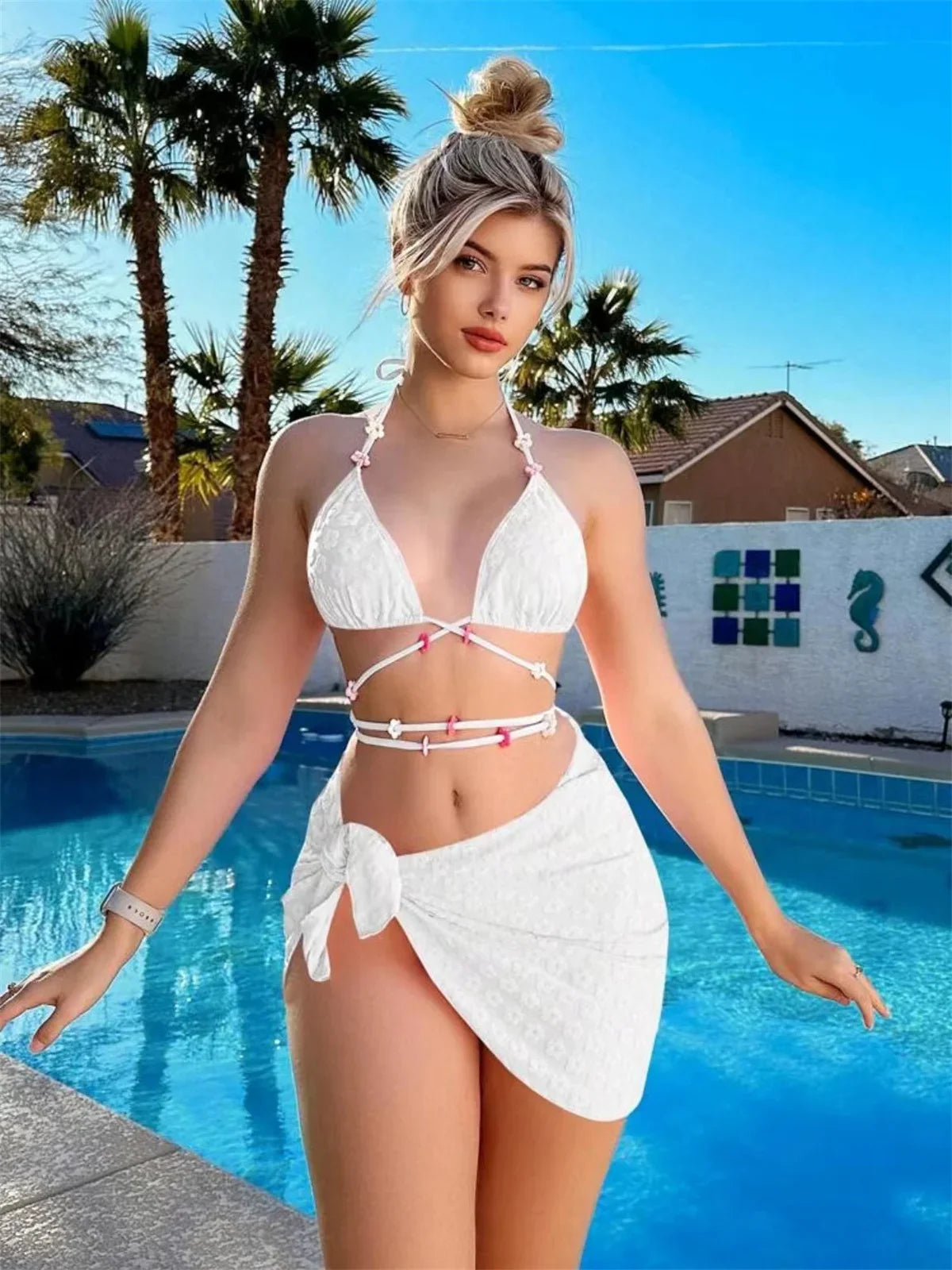 Mesh Skirt Pleated Bikini Set Women Blue White Floral Designer Criss Cross Swimsuit 3 Piece Bathing Suit Cover Up Swimwear 2024