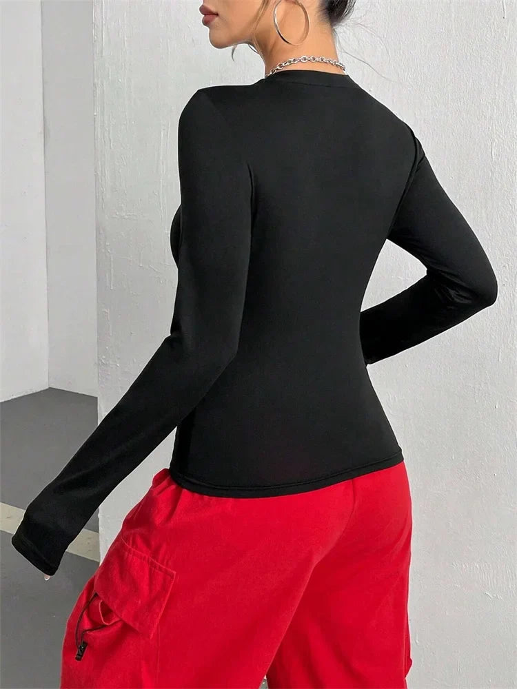 Women Spider Print Round Neck Long Sleeve Crop Tee Top Autumn Winter Spring Y2K Clothes Slim fit T-shirt