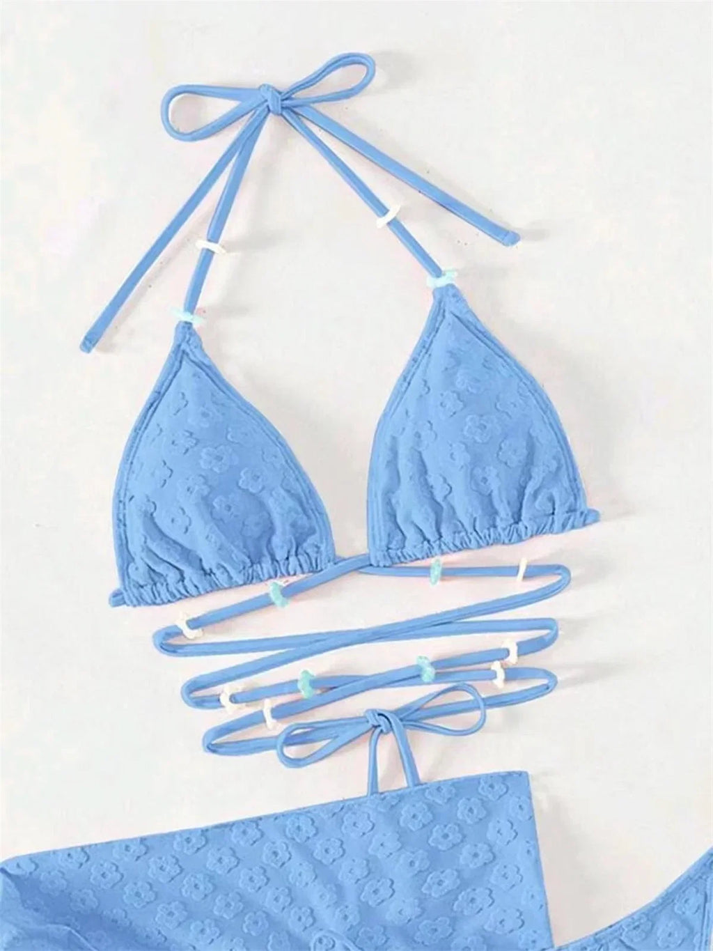 Mesh Skirt Pleated Bikini Set Women Blue White Floral Designer Criss Cross Swimsuit 3 Piece Bathing Suit Cover Up Swimwear 2024