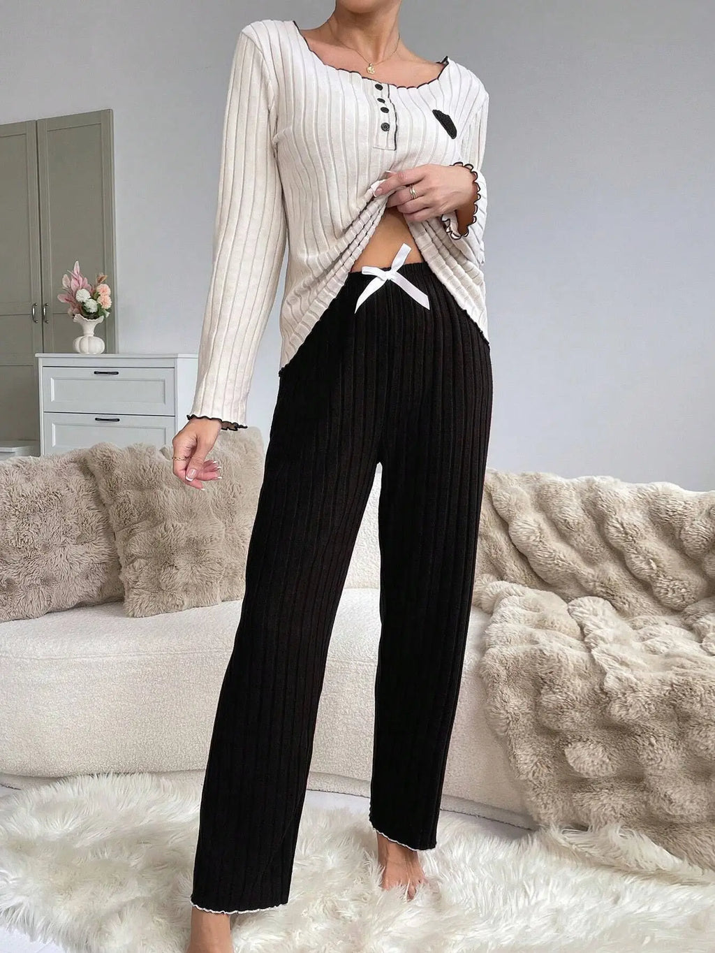 Women Autumn Winter Sleepwear Casual Long Sleeve Heart Printd Tops and Long Trousers Pajamas Set Homewear Loungewear