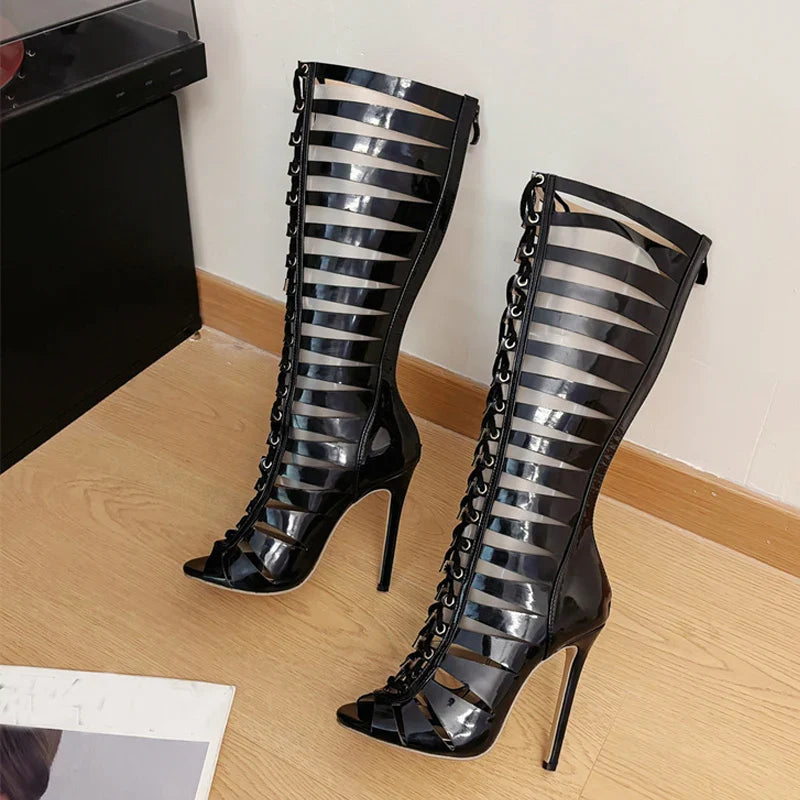 Liyke Fashion Hollow Out Cross Strap Knee High Boots Sandals Women Zip Sexy Peep Toe Stripper Heels Shoes Female Long Booties