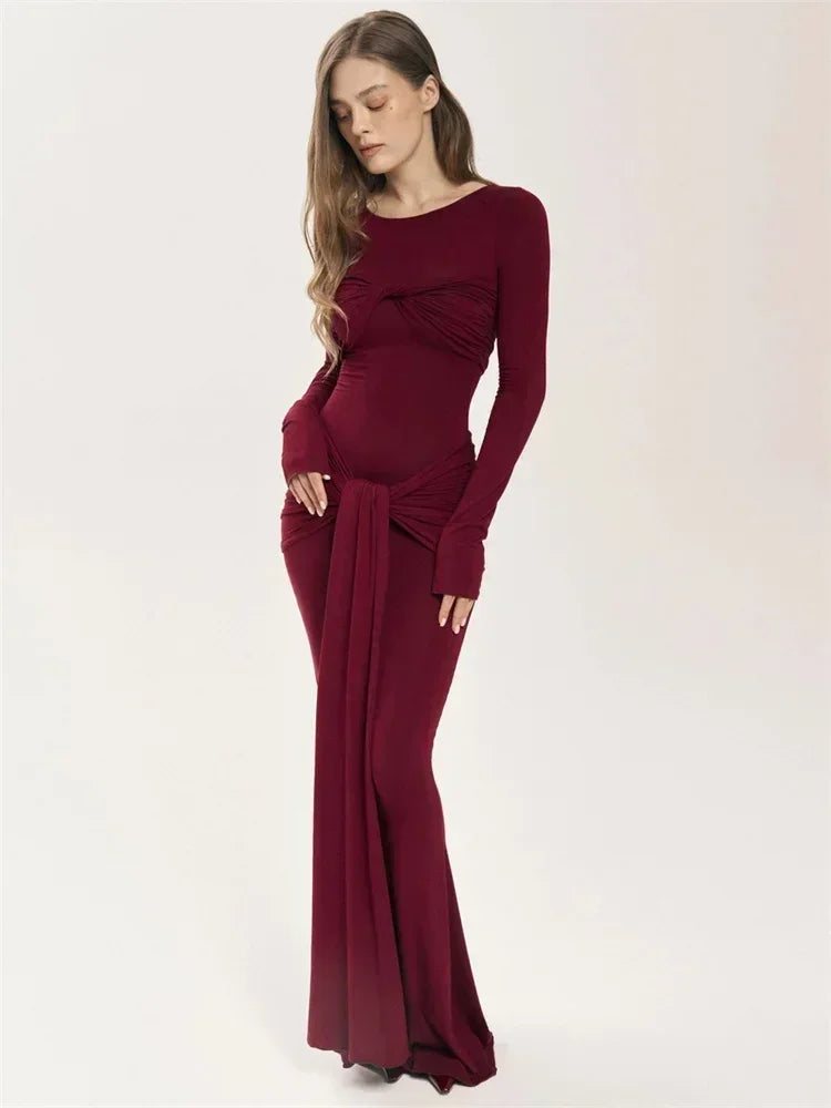 Tossy Female Pleated Sexy Maxi Dress Patchwork Twist Slim Long Sleeve Solid Y2k Autumn Streetwear Dress Women's Bodycon Dress