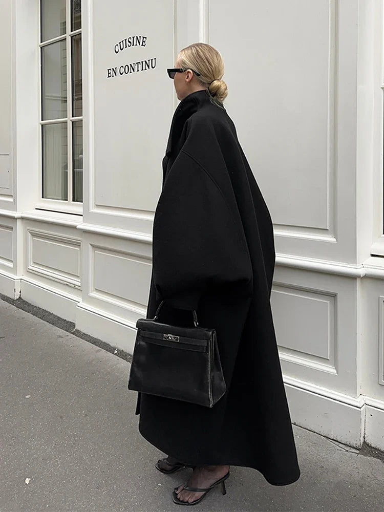 Women's Elegant Faux Suede Long Jacket Stand Collar Bat Sleeve Solid Overcoat Outwears 2025 Autumn Winter Female Streetwears