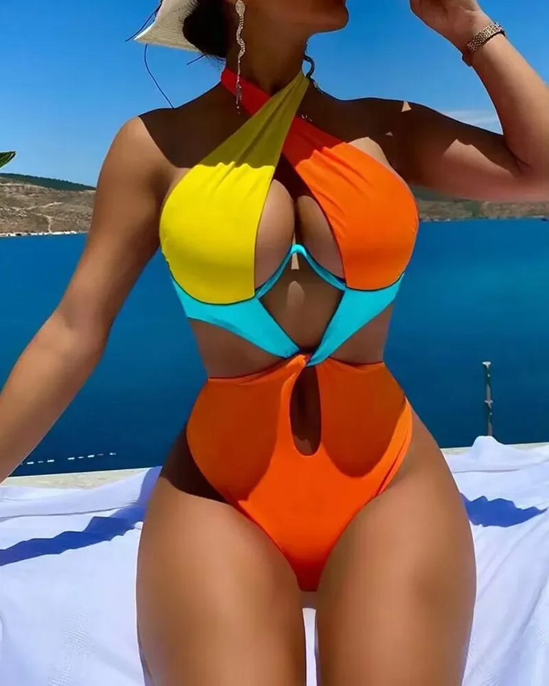 Sexy Constrast Color Swimwear Women Halter Cross Underwire Cut Out One Piece Swimsuit Bathing Suit Hot Pink Patchwork Bikini