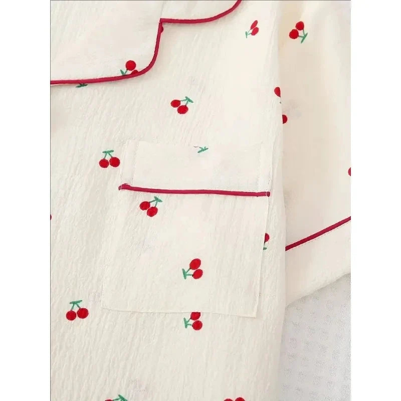 Cherry Print Textured Pajama Set Cute Short Sleeve Buttons Lapel Top & Elastic Shorts Women's Sleepwear