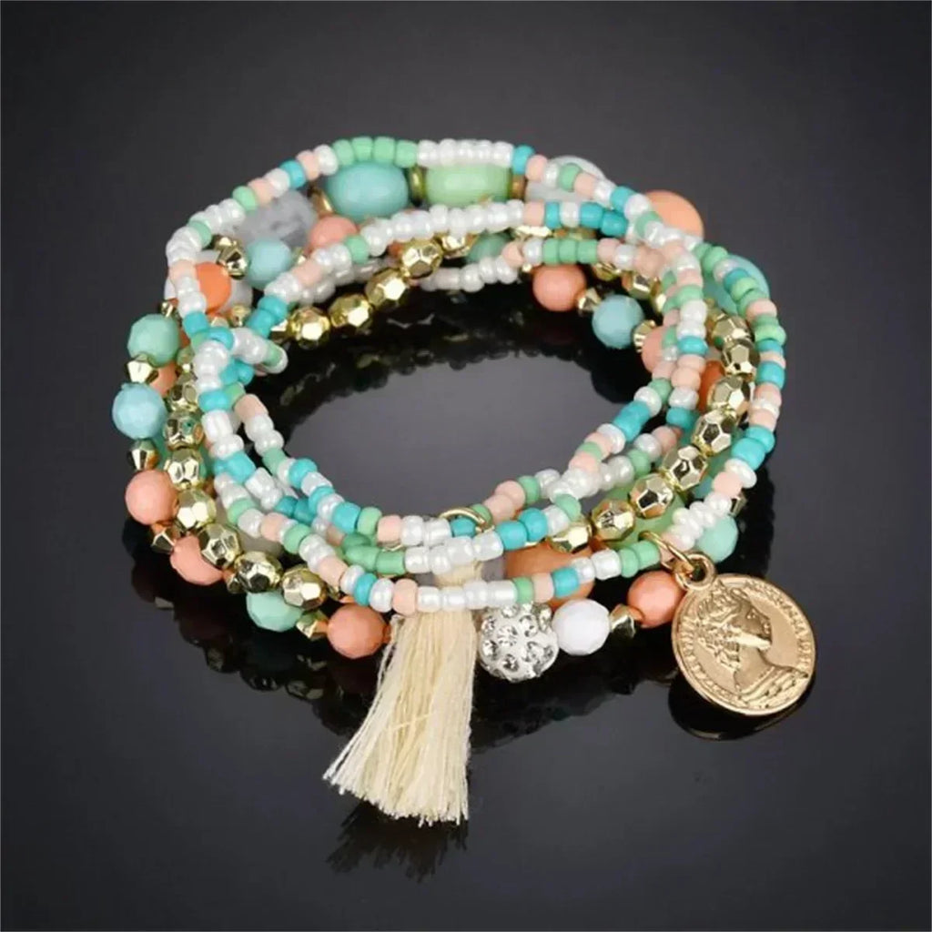 Bohemia Crystal Tassel Multicolor Beads Bracelets For Women Handmade Elastic Rope Charm Wrap Bracelet Summer Beach Party Jewelry