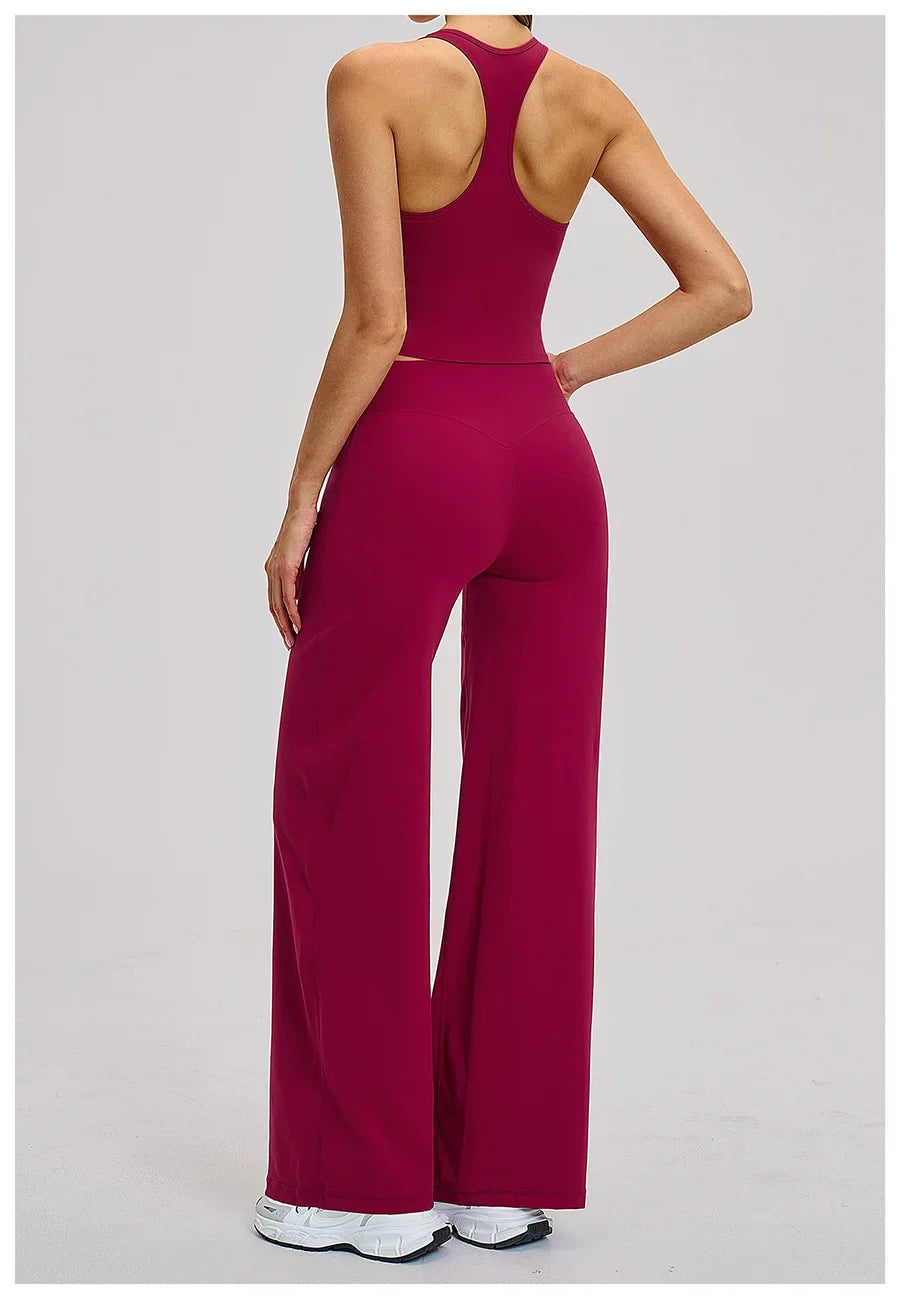 2 Piece Yoga Clothes Women Tracksuit Athletic Wear Pilates Fitness Suit Gym Workout Sets Push Up Sports Vest Wide Leg Pant Suit