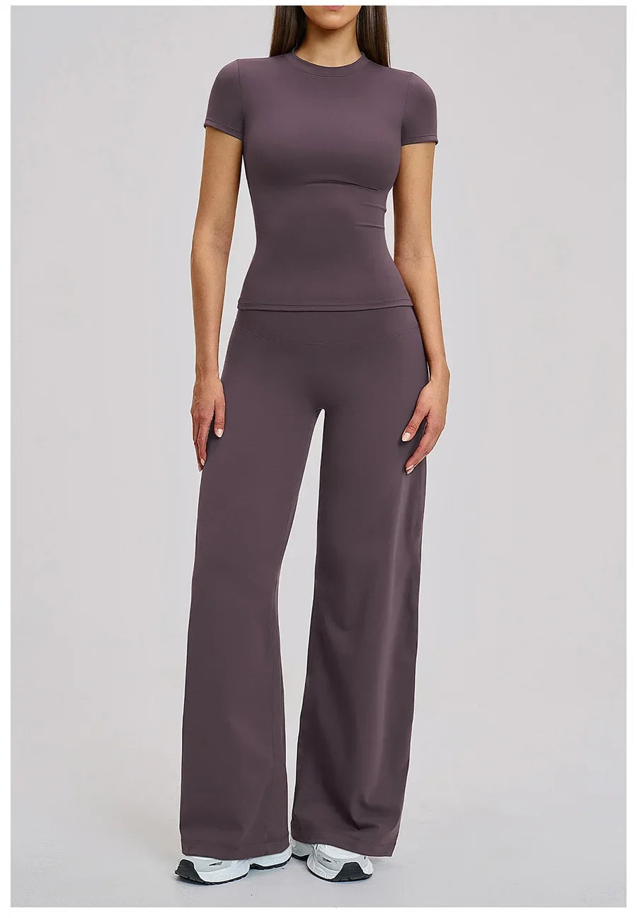 Yoga Set 2 Pieces Women Fitness Sportswear Gym Loose wide-leg pants Long-sleeved T-shirt Sports Crop Tops Tracksuit Workout Wear