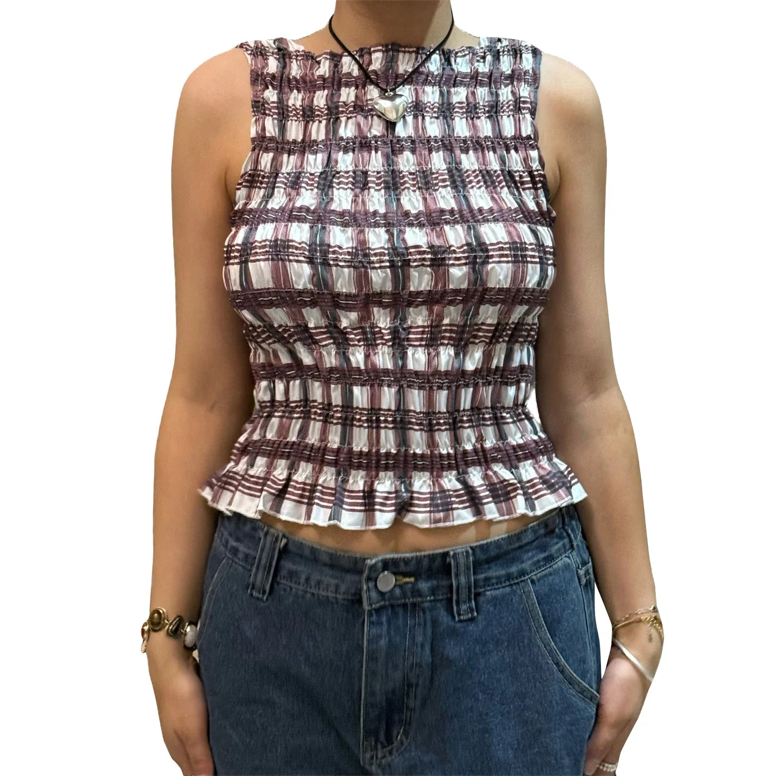 Women Summer Smock Tank Tops Casual Fashion Ruffle Hem Plaid Print Sleeveless Shirt Basic Vest Streetwear