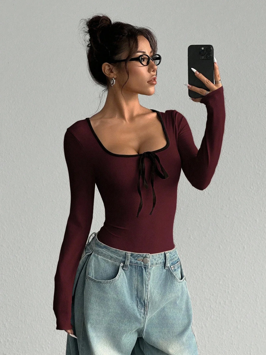 Women's Sexy U-Neck Bowknot Color Block Long Sleeve Bodysuit Casual Slim Fit Rib-knit Bodycon Spring/Fall Streetwear