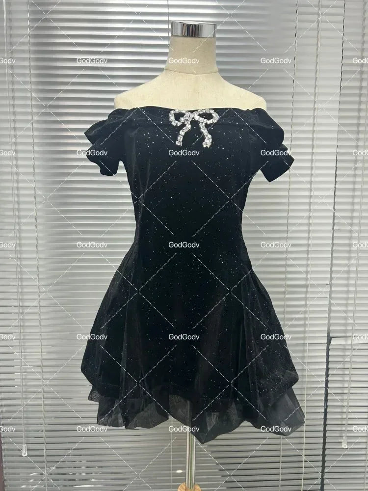 Black French Vintage Elegant Design Woman Dress Gothic Off Shoulder Retro Mini Dress Female Fairy Birthday Party Chic Outfits