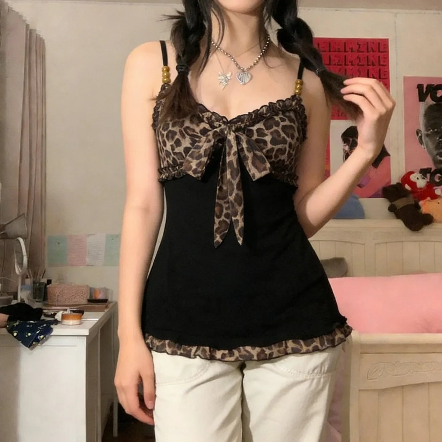 American Hotsweet Y2k Leopard Camisole Women Retro Streetwear E-girl 90s Dark Gothic Sexy Patchwork Lace-up Crop Tank Top Femme