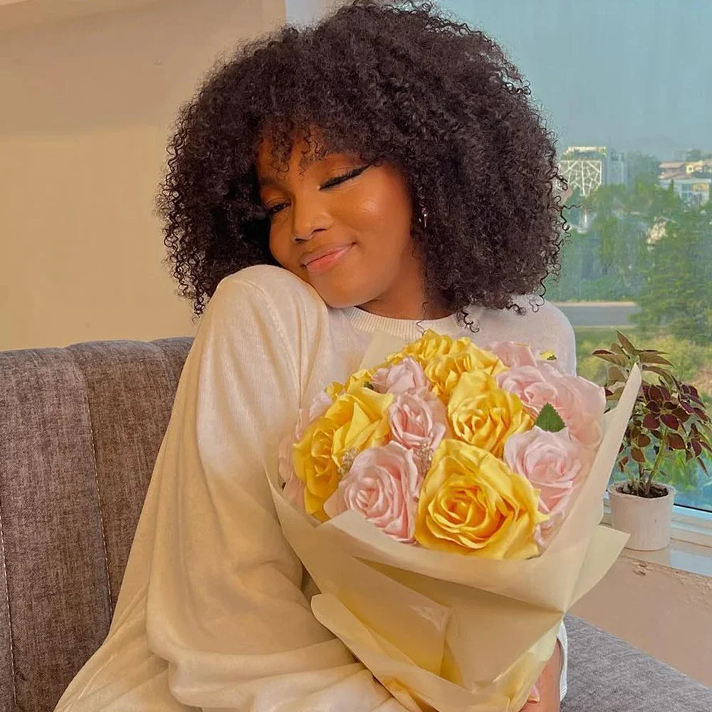 Afro Kinky Curly Human Hair Wig With Bangs For Black Women 180% Density Glueless Brazilian Remy Full Machine Made Hair Yarra