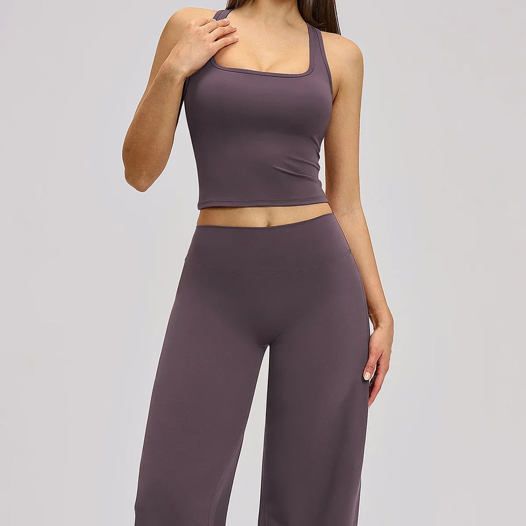 2 Piece Yoga Clothes Women Tracksuit Athletic Wear Pilates Fitness Suit Gym Workout Sets Push Up Sports Vest Wide Leg Pant Suit