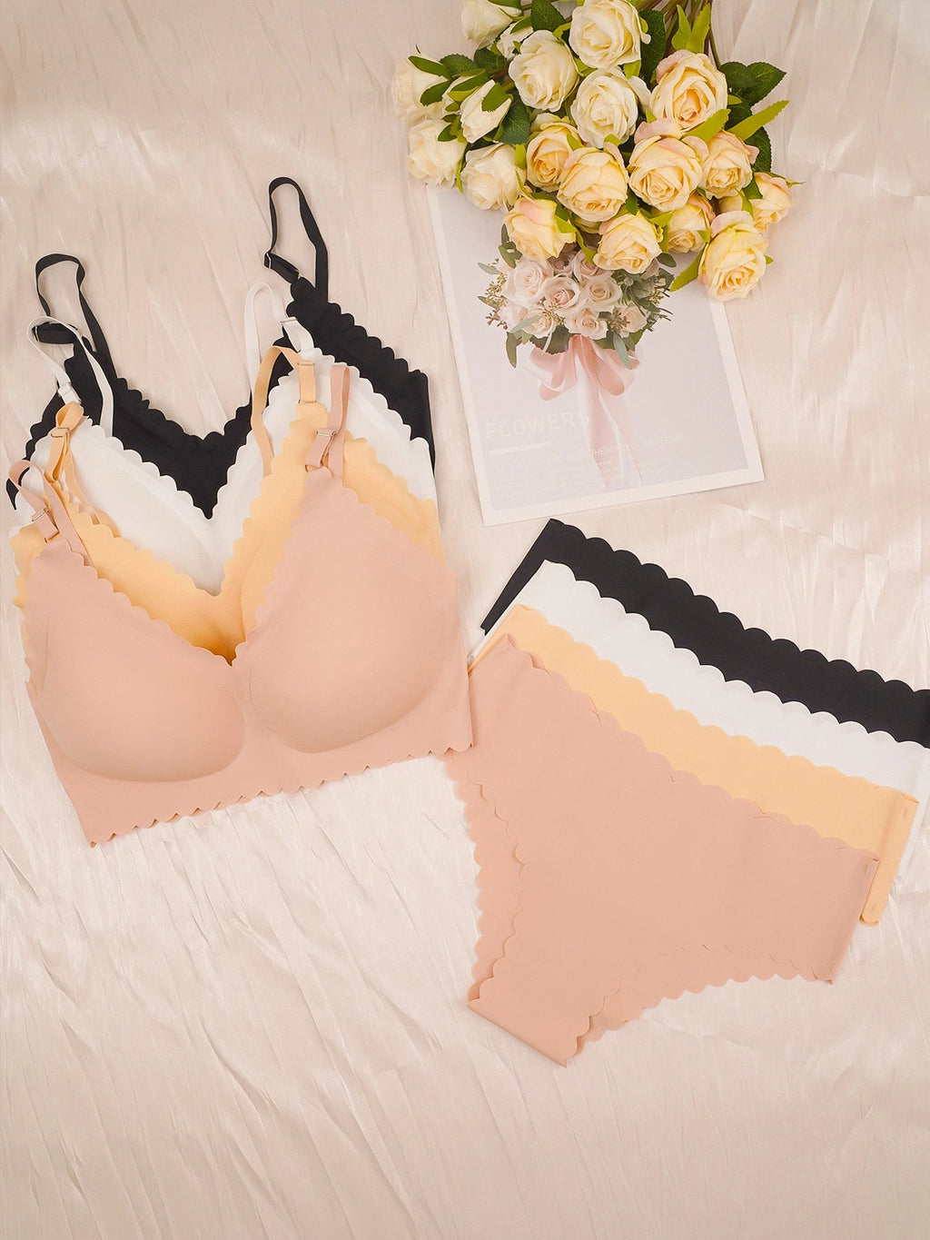 4pcs Women's Seamless Bra and Panty Set No Underwire Bralette - Removable Pads, Medium Support & Comfortable Stretch Fabric Bra