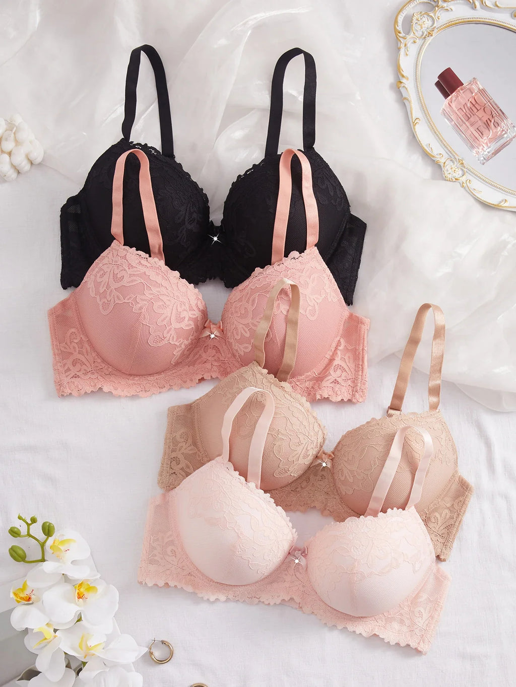 4PCS Plus Size Women's Bras Floral Lace Underwire Underwear Set Side Support Push Up Daily Comfort Full Cup Lingerie Set