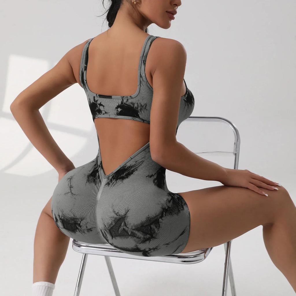 Women's Solid Colour Threaded Backless Yoga Suit U Neck Sleeveless Sports Jumpsuit Stretch Women Bodysuit Without Bust Pads