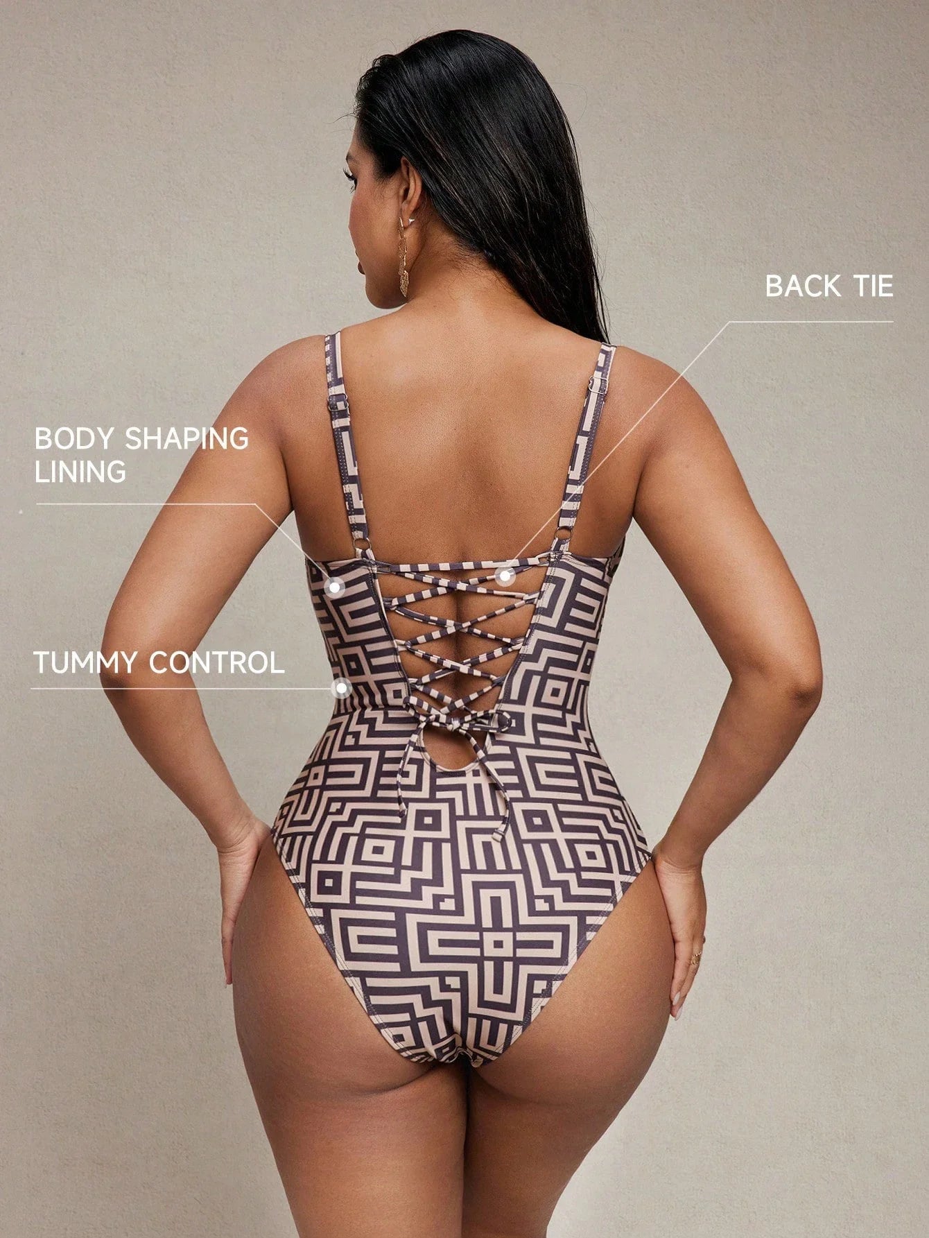 Sexy Coffee Geometry Print One Piece Swimsuit 2026 Women Underwire Push Up Bandage Back Cross Slim Fit Bathing Suit Swimwear