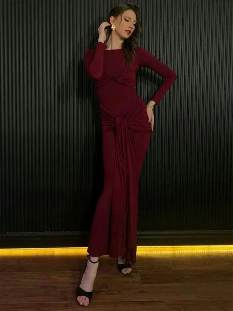 Tossy Female Pleated Sexy Maxi Dress Patchwork Twist Slim Long Sleeve Solid Y2k Autumn Streetwear Dress Women's Bodycon Dress