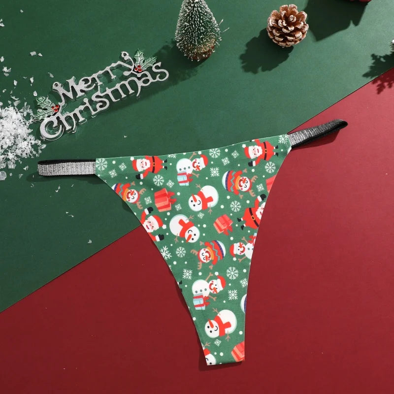 4Pcs Christmas Print Underwear Breathable Shiny Belt Thong Women Skin-friendly Fashionable Casual Christmas Gifts