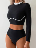 Vintage Black Contrast Bikini 2025 Women Long Sleeve Slim Shirt Top High Waist Sunscreen Swimsuit Beach Bathing Suit Swimwear