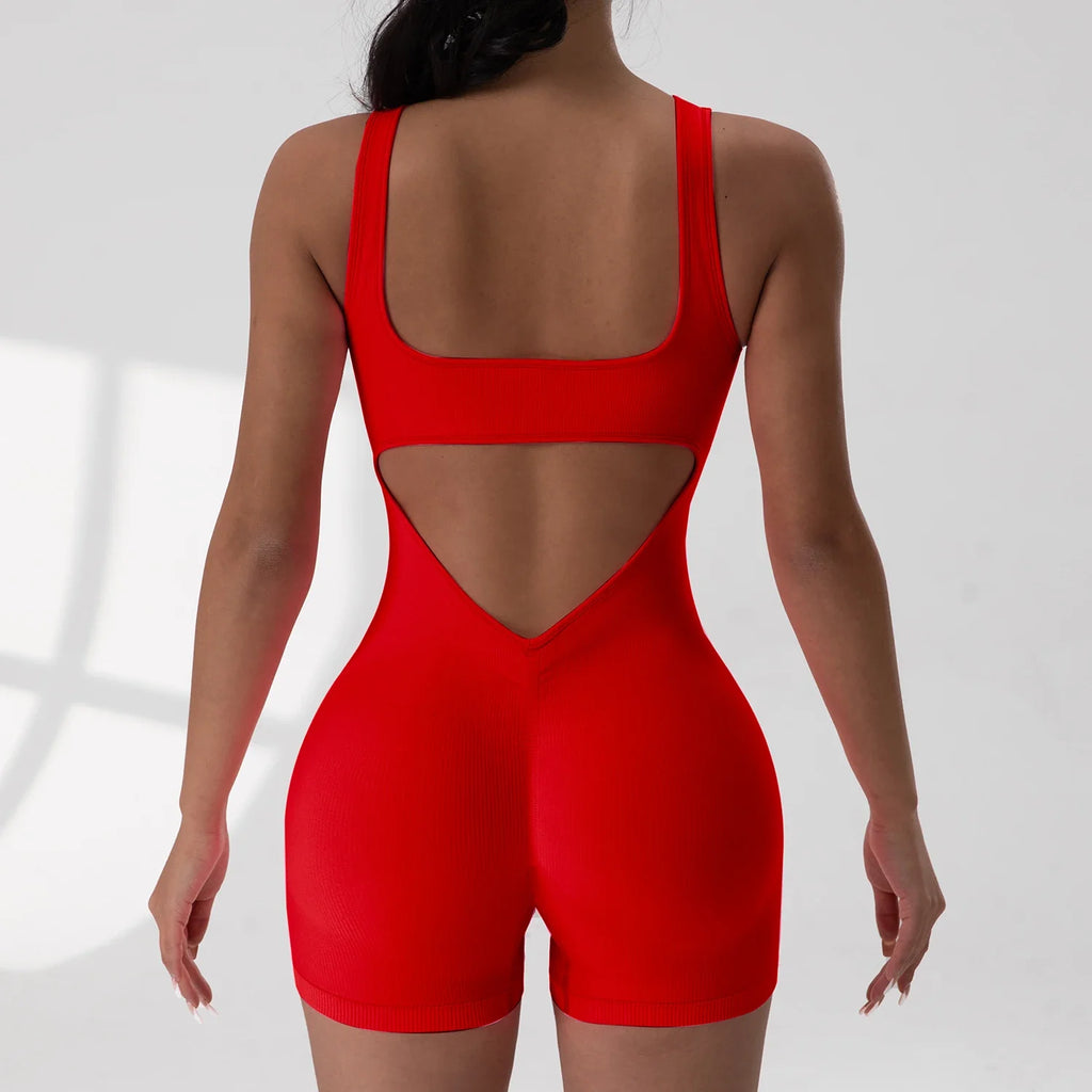 Women's Solid Colour Threaded Backless Yoga Suit U Neck Sleeveless Sports Jumpsuit Stretch Women Bodysuit Without Bust Pads
