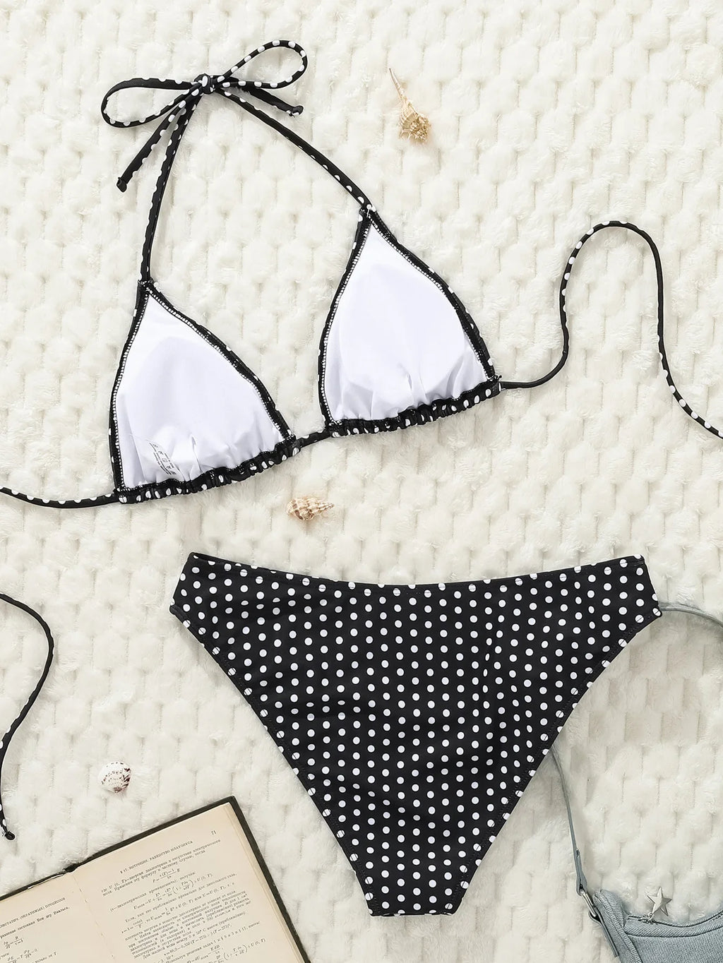 2025 New Women's Black Ground White Dot Printed Swimsuit Halter Neck Low Waist Bikini Set For Summer Female Swimwear Brazilian