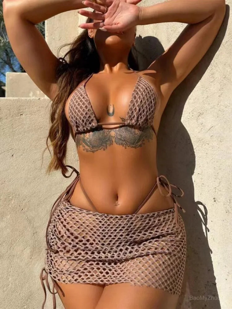 2026 Summer New Sexy Hollow Out Bikini 3 Piece Set Solid Spaghetti Strap Tops + Laced Upunderpants + Skirt Swimwear Swimsuit