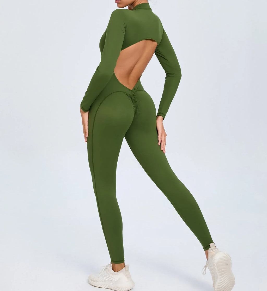 Hearuisavy Summer V Back Sports Jumpsuit Yoga Clothes Rompers Women Long Sleeveles Workout Bodysuits Backless One-piece Suit