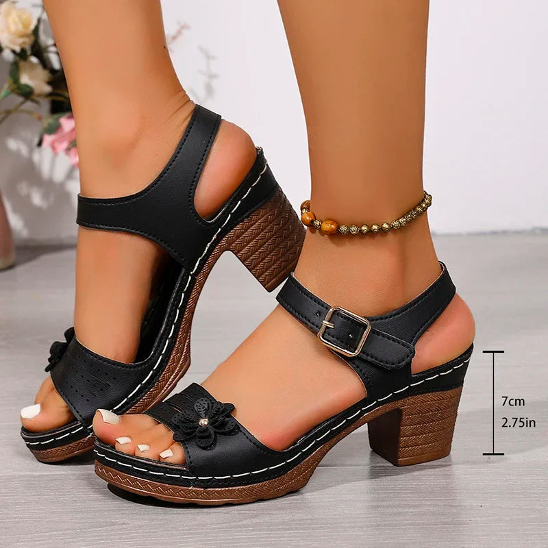 Vintage Flower Ankle Strap Sandals Women Summer 2026 Comfort Thick Heels Plus Size Sandals Elegant High Heeled Mother's Shoes
