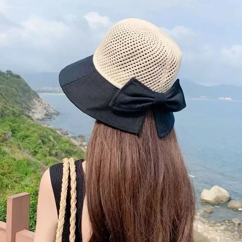 Summer Women Bucket Hat UV Protection Sun Hats Soft Foldable Wide Brim Outdoor Beach Hat Panama Cap Ponytail Cap