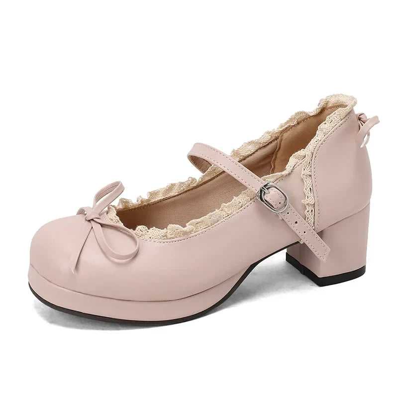 Women's Lolita Cosplay Mary Jane Pumps, Strap Platform Block Heel, Lace & Bow, Kawaii Vintage Dress Shoes Plus Size 31-50