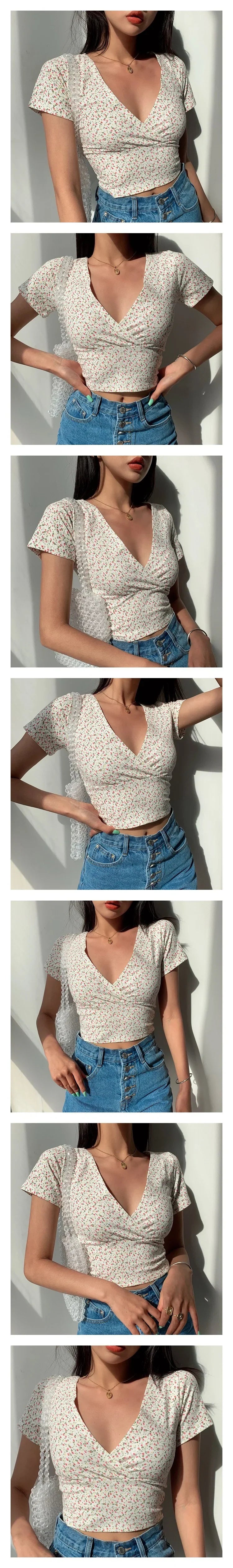 Summer French retro floral V-neck short-sleeved T-shirt Slim slimming wild high waist T-shirt women's top