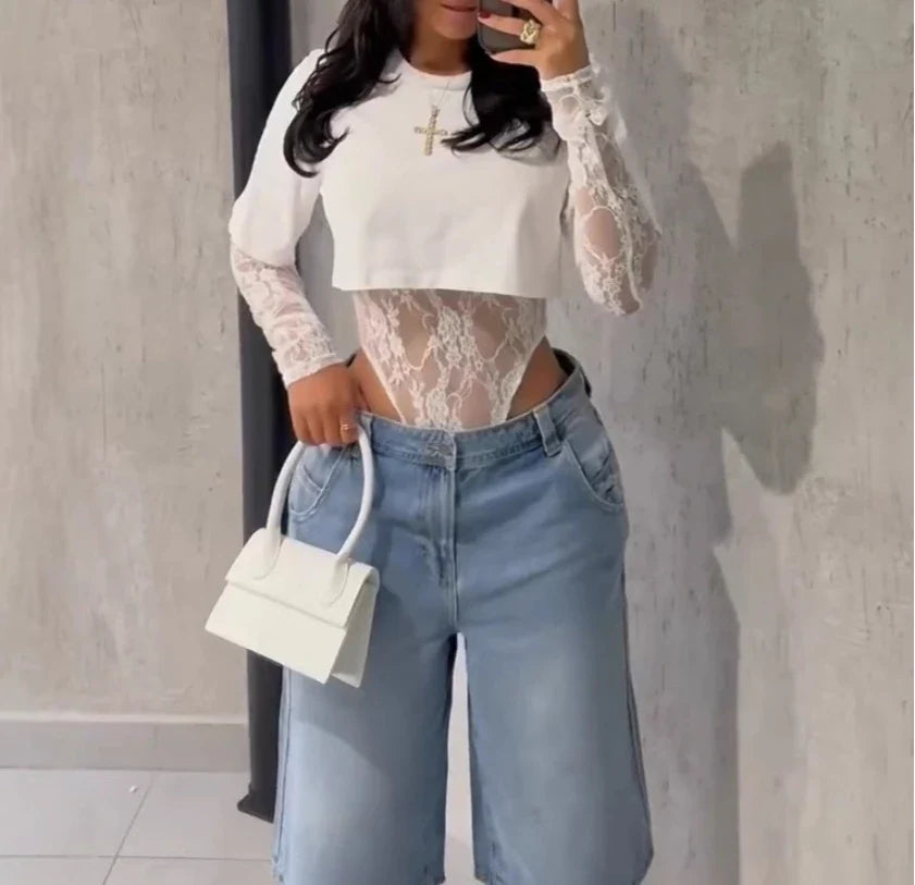 Sexy Women Crop Top+Lace Jacquard Full Sleeve Bodysuit Hottie Street Clubwear Slim Fit Wild Matching Basic Skinny Tees+Jumpsuit
