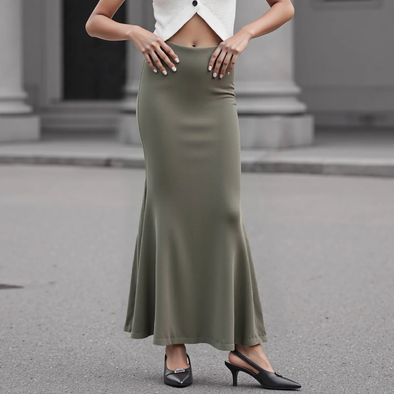 Women Long Fishtail Skirt fashion Ruffle High Waisted Bodycon Maxi Skirts Midi Skirts Elegant Casual Stretchy Skirt outfits
