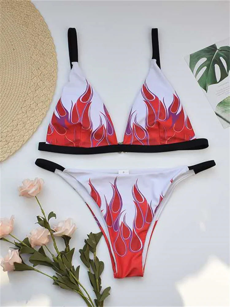 Fire Print Bikini Sexy Off Shouler Women Swimsuit Push Up Plaid Swimwear Brazilian Bikini Set Bathing Suit Trajes De Baño Mujer