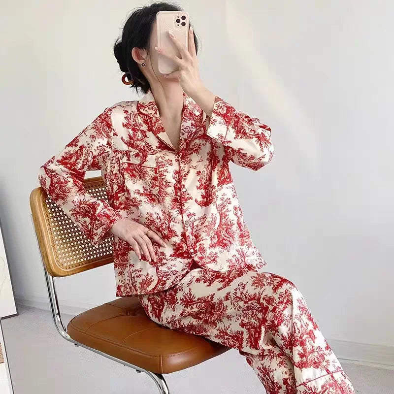 Ink Printed Ice and Snow Silk Pajama Set for Women Spring and Autumn Simple Small Lapel Long Sleeve Home Clothes Nightwear