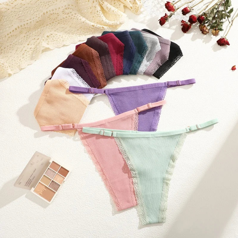 4Pcs Cotton Lace Panties Sexy G-String Women's Underwear Low Waist Comfortable Lingerie Briefs Adjustable Waist Thong Intimates