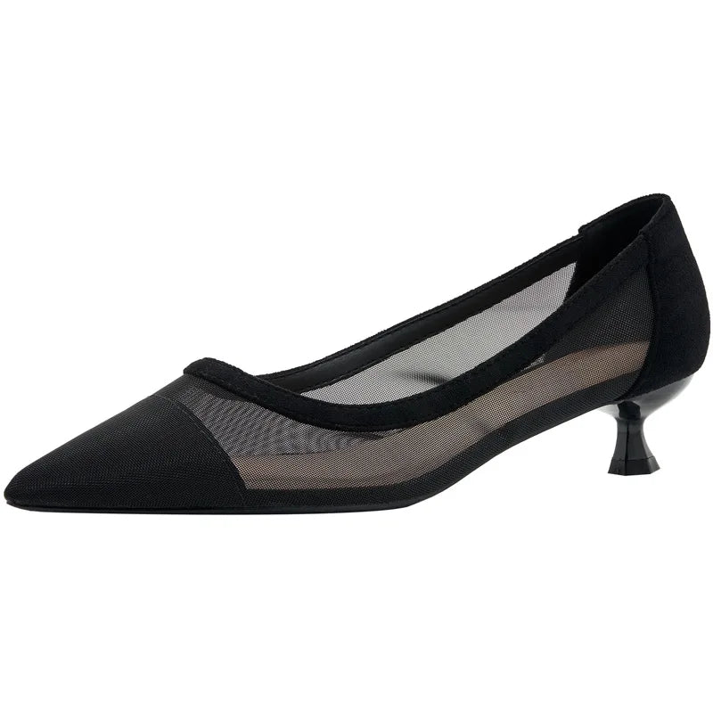 maogu Black Women Pointed Toe High Heel Work Shoes Dot Mesh Vintage Elegant Shallow Stiletto 2023 Spring Summer Thin Heels Pumps
