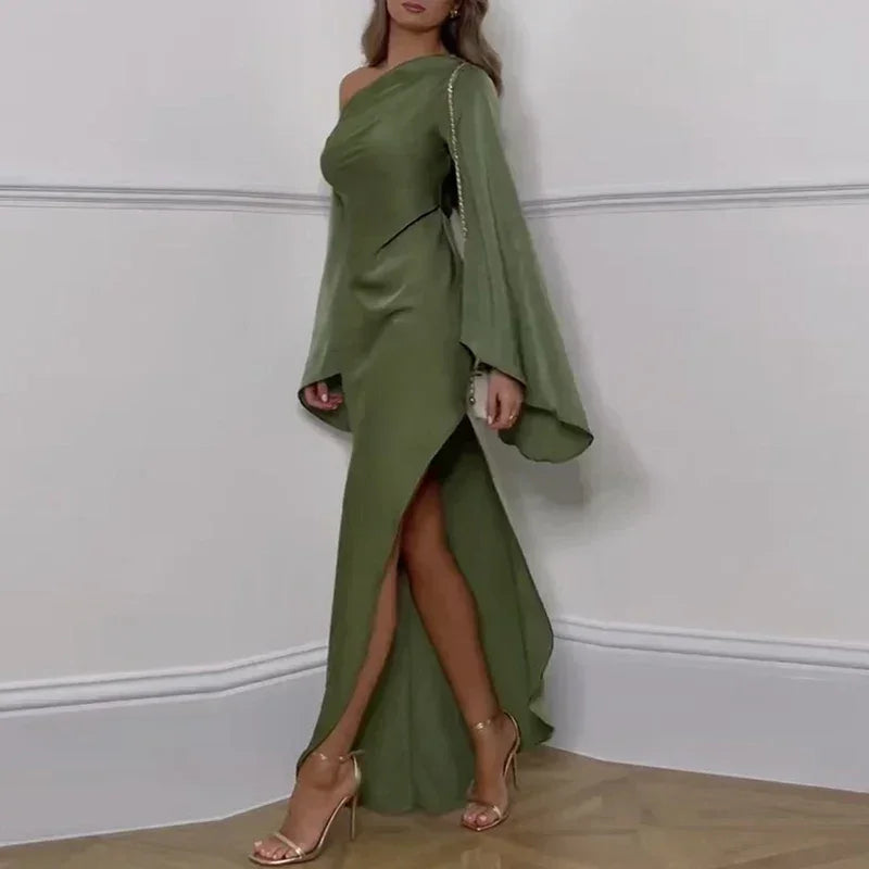 Sexy Oblique Shoulder Solid Irregular Dress Women Elegant Skew Collar Backless Long Dress Autumn Flare Sleeve Slit Party Dresses