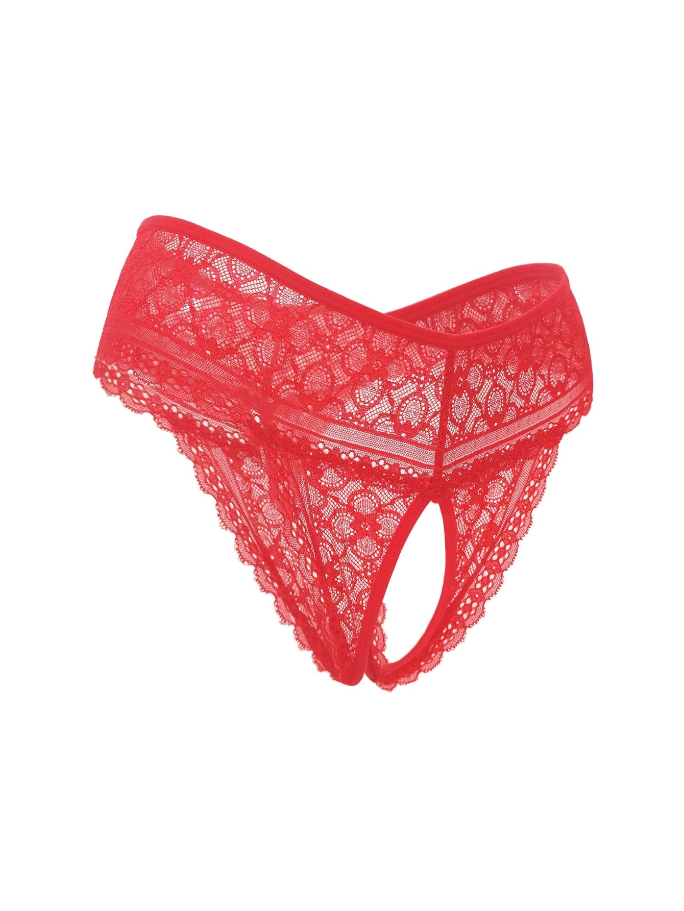 1pcs Women's Sexy Red Lace Open Crotch Thong Panties Floral Lace See Through Low Rise Intimate Lingerie for Ladies Nightwear