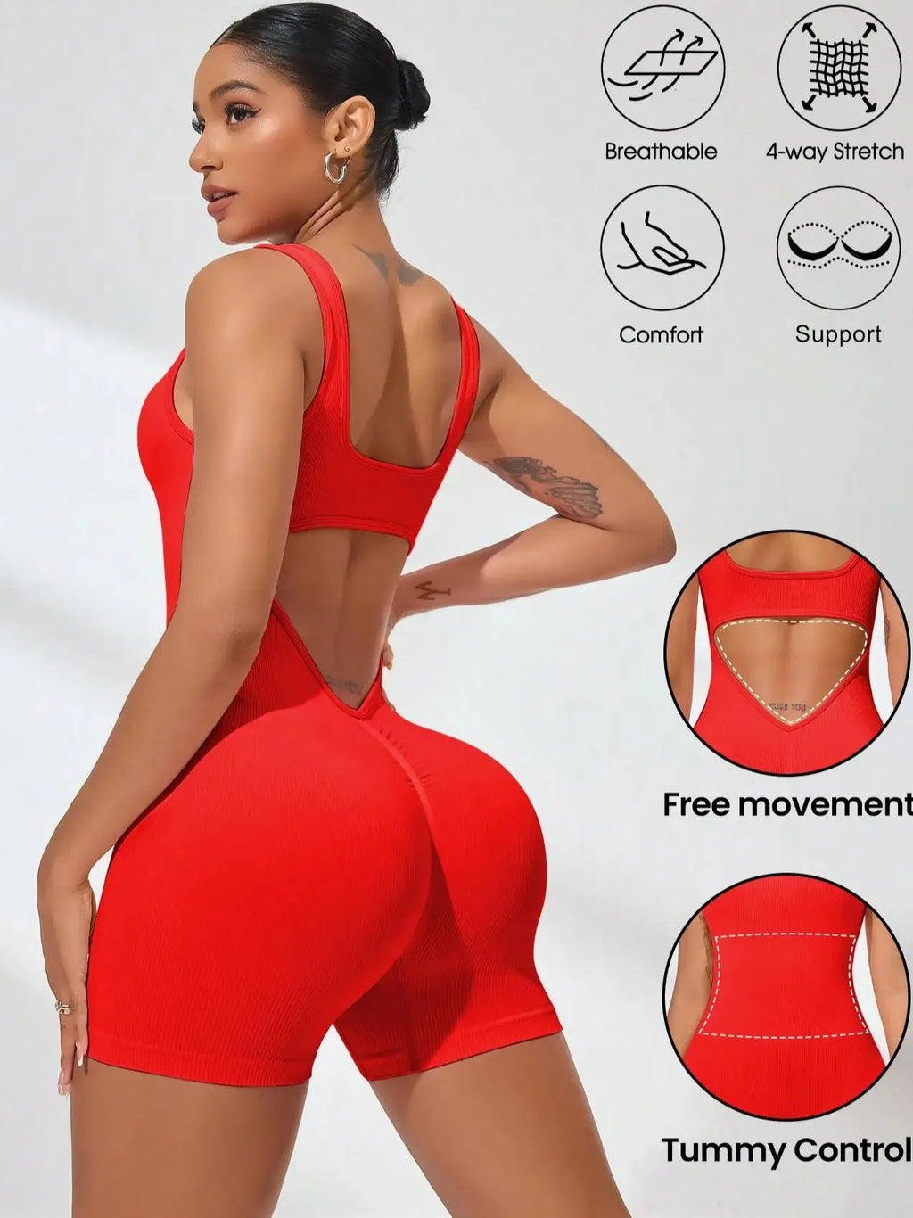Women's Solid Colour Threaded Backless Yoga Suit U Neck Sleeveless Sports Jumpsuit Stretch Women Bodysuit Without Bust Pads