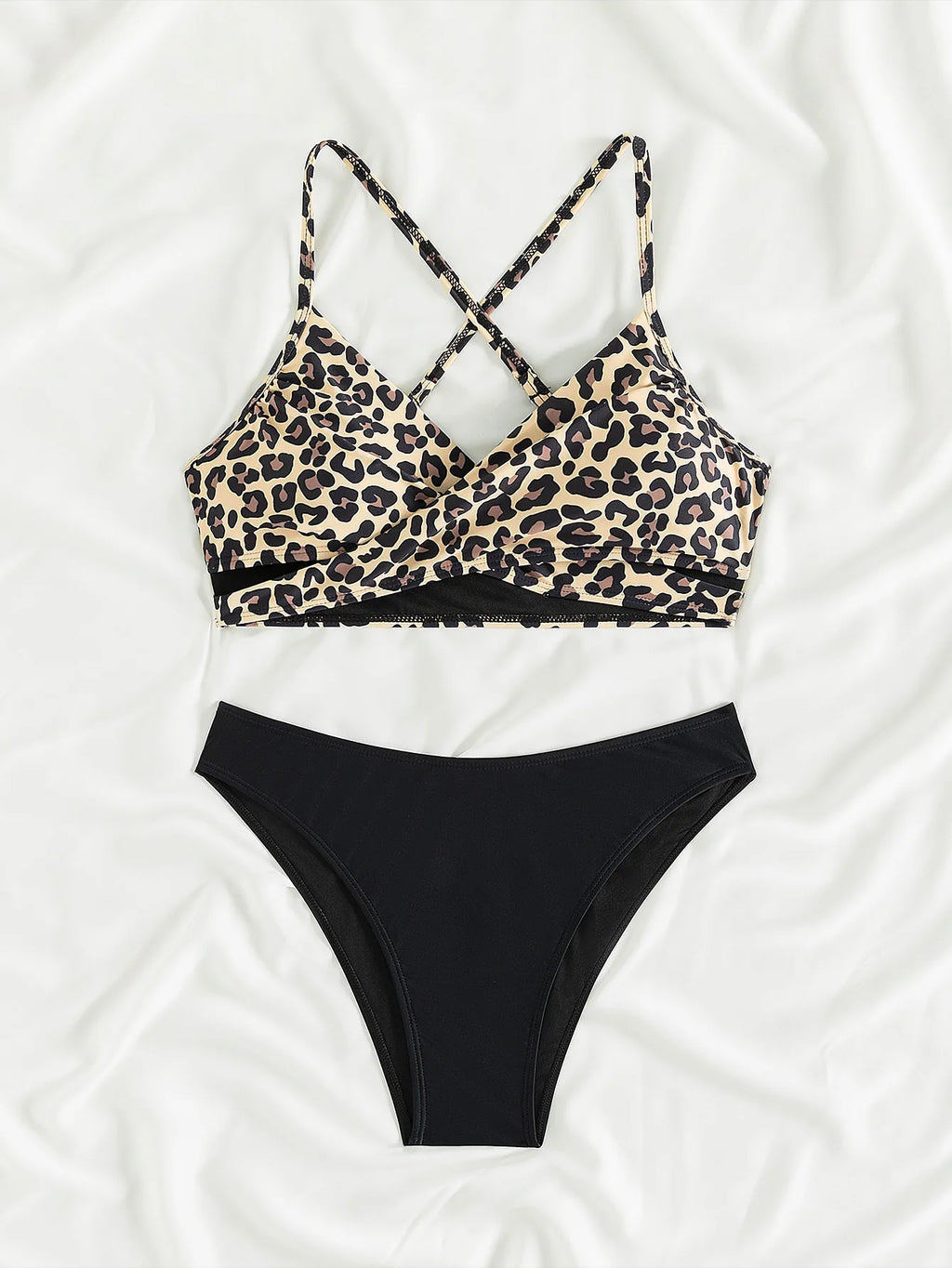 Sexy Leopard Print Cross Bikini Set 2026 Women Halter Push Up Black High Waist Swimsuit Summer Bathing Suit Two Piece Swimwear
