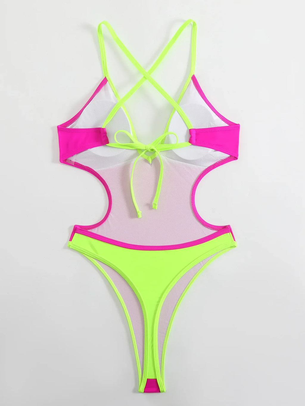 Sexy Hollow Out Backless Thong Swimwear 2026 Women Hot Pink Patchwork Deep V Neck Bandage Beach Bathing Suit One Piece Swimsuit