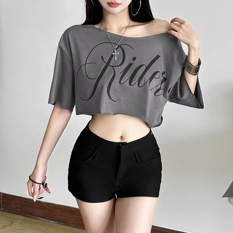Letter Print Oversized Tees Women Skew Collar Off Shoulders Short Sleeves T-shirt Irregular Hem Hip-hop Style Trend Crop Tops