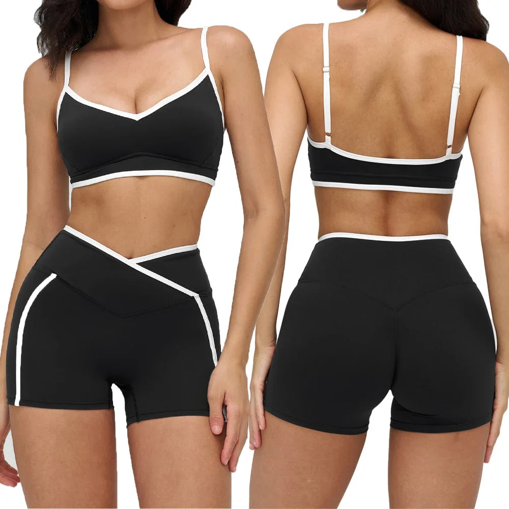 Patchwork Backless Yoga Sets Women Sportswear High Waist Gym Scrunch Bum Shorts Set Female Fitness Sports Suit Workout Clothes