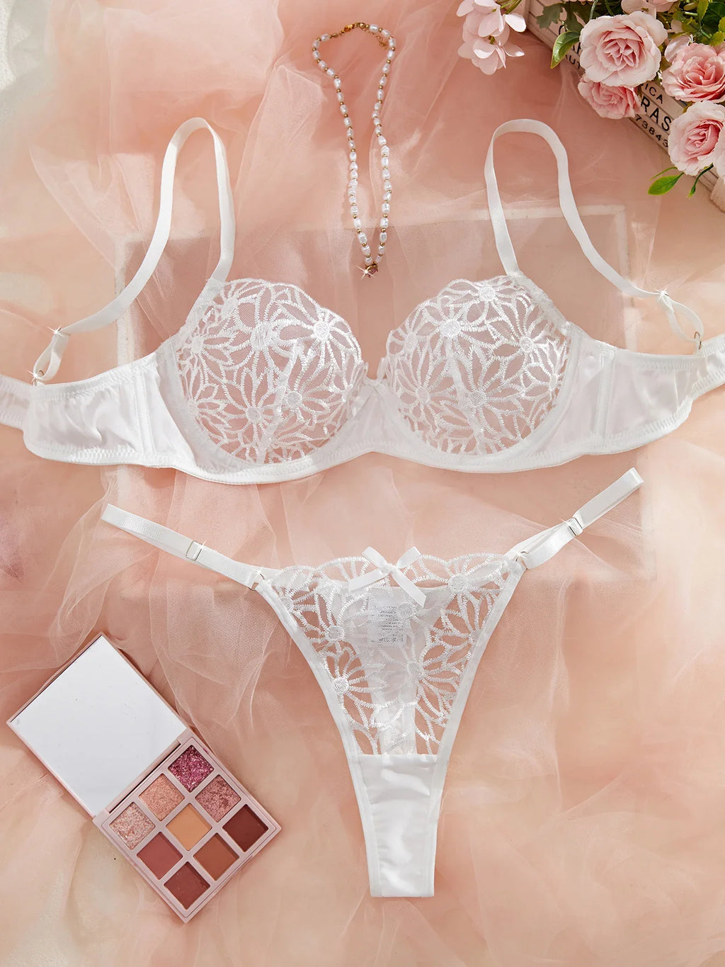 Women's White Lace Bra and Thong Set - Sexy Floral Embroidered Underwear, Sheer Mesh, Bridal/Party Wear