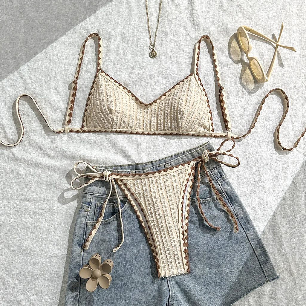 Sexy Triangle Bikini Set 2026 Women Beige Patchwork Pleate Push Up Bra Tie Side Thong Swimsuit Beach Bathing Suit Micro Swimwear