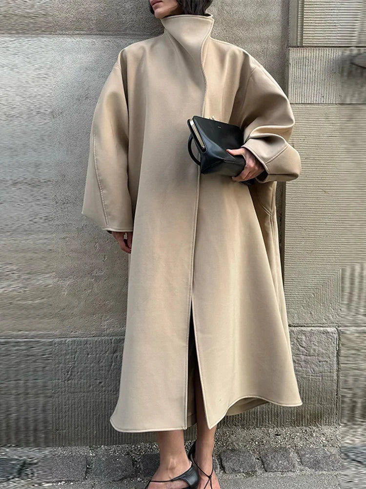 Women's Elegant Faux Suede Long Jacket Stand Collar Bat Sleeve Solid Overcoat Outwears 2025 Autumn Winter Female Streetwears